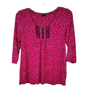 Kensie Babydoll Tunic Top Scoop Neck Women Size M Pink Black White Polka Dot